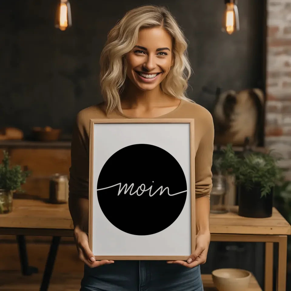 Minimalistisches Poster Moin weißer Text auf schwarzem Hintergrund