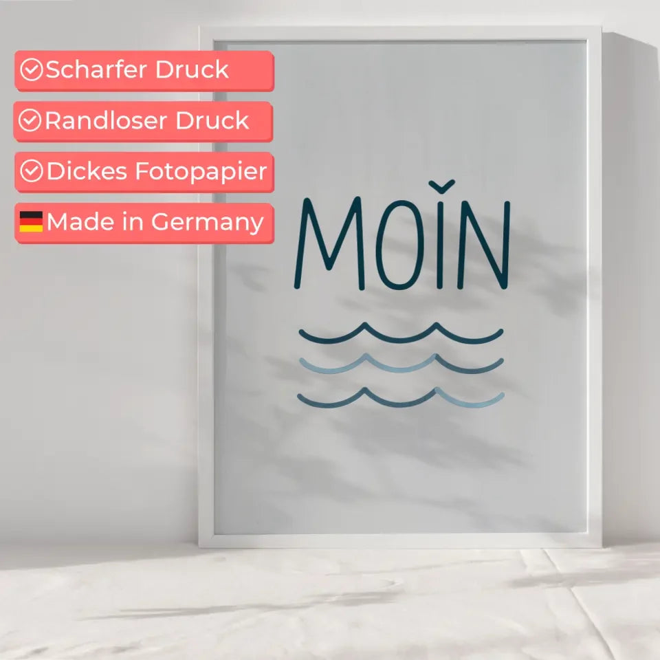 Minimalistisches Moin Poster mit Wellenmuster in Blau und Weiß