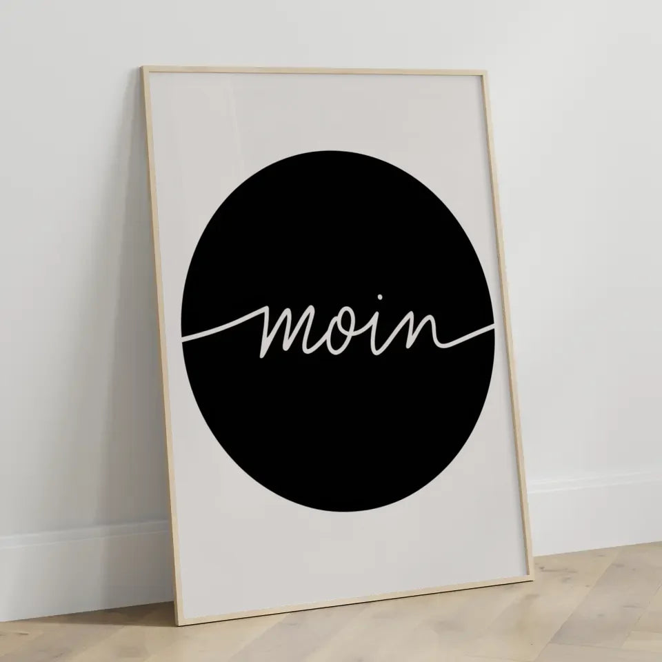 Minimalistisches Poster Moin weißer Text auf schwarzem Hintergrund