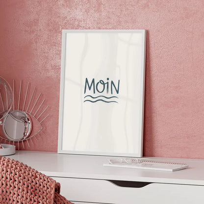 Minimalistisches Moin Poster mit Wellenmuster in Blau und Weiß
