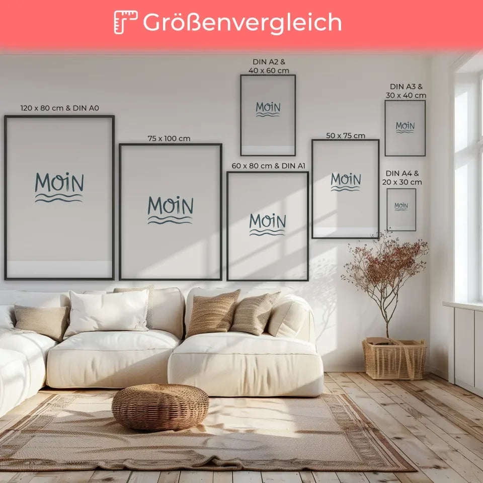 Minimalistisches Moin Poster mit Wellenmuster in Blau und Weiß