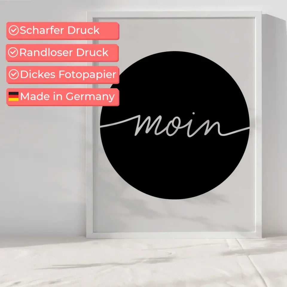 Minimalistisches Poster Moin weißer Text auf schwarzem Hintergrund