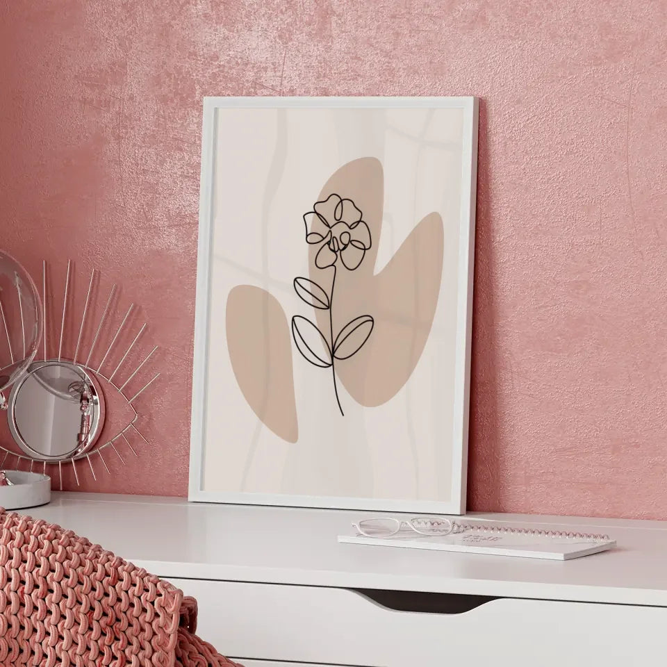 Minimalistisches Poster einer Blume mit einer Linie im Beigeton