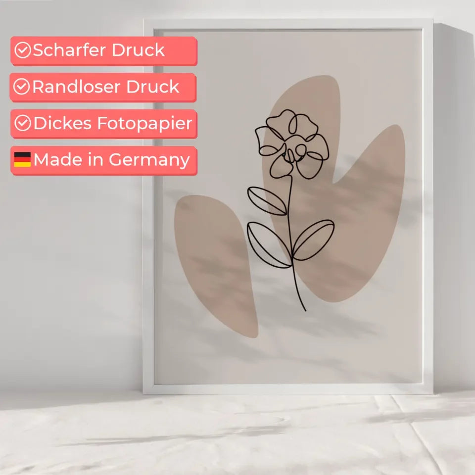 Minimalistisches Poster einer Blume mit einer Linie im Beigeton