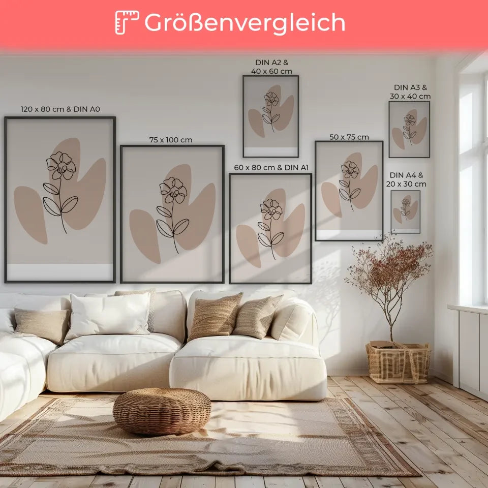 Minimalistisches Poster einer Blume mit einer Linie im Beigeton