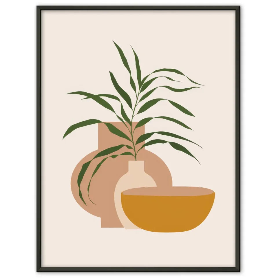 Minimalistisches Poster Pflanze mit Vase und Schale in sanften Farben