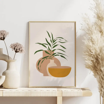 Minimalistisches Poster Pflanze mit Vase und Schale in sanften Farben