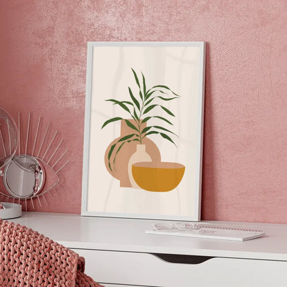 Minimalistisches Poster Pflanze mit Vase und Schale in sanften Farben