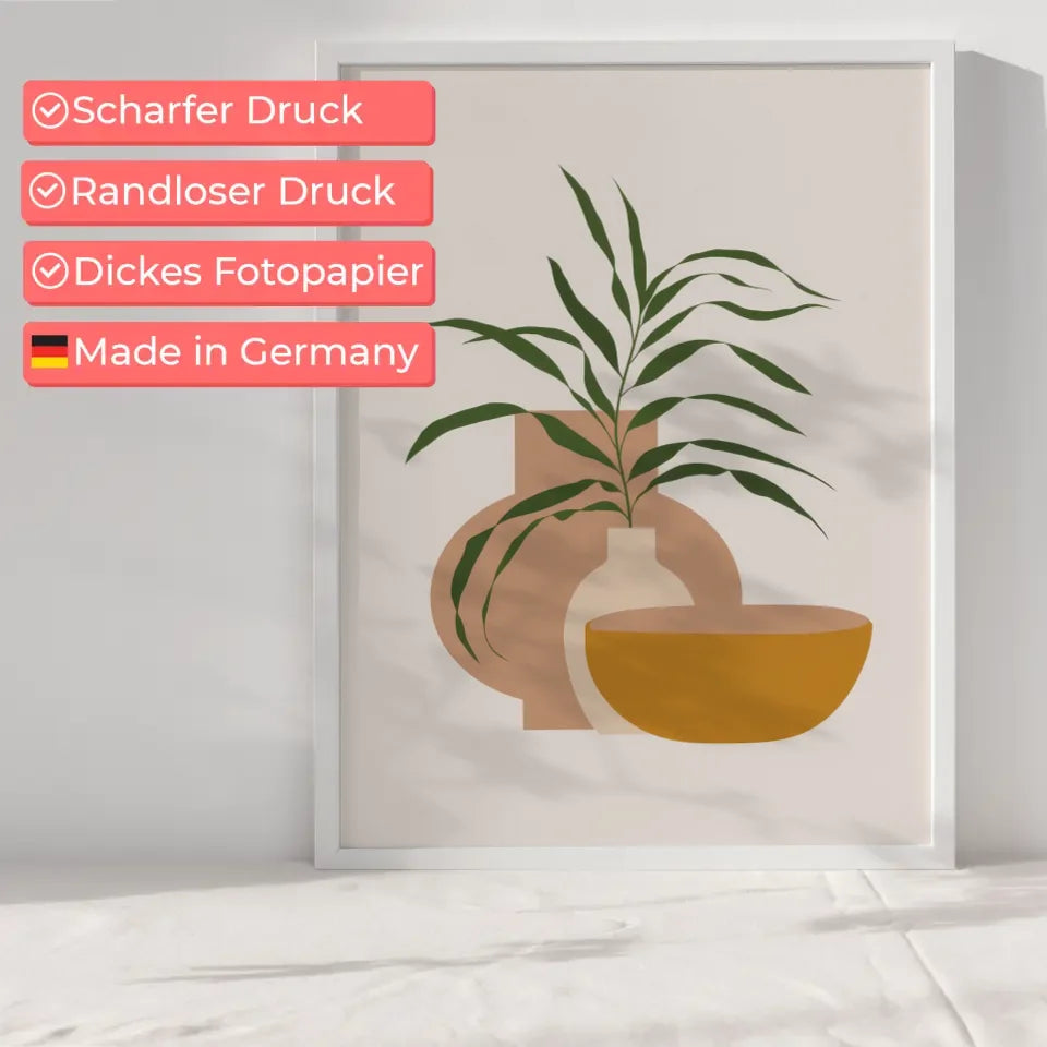 Minimalistisches Poster Pflanze mit Vase und Schale in sanften Farben