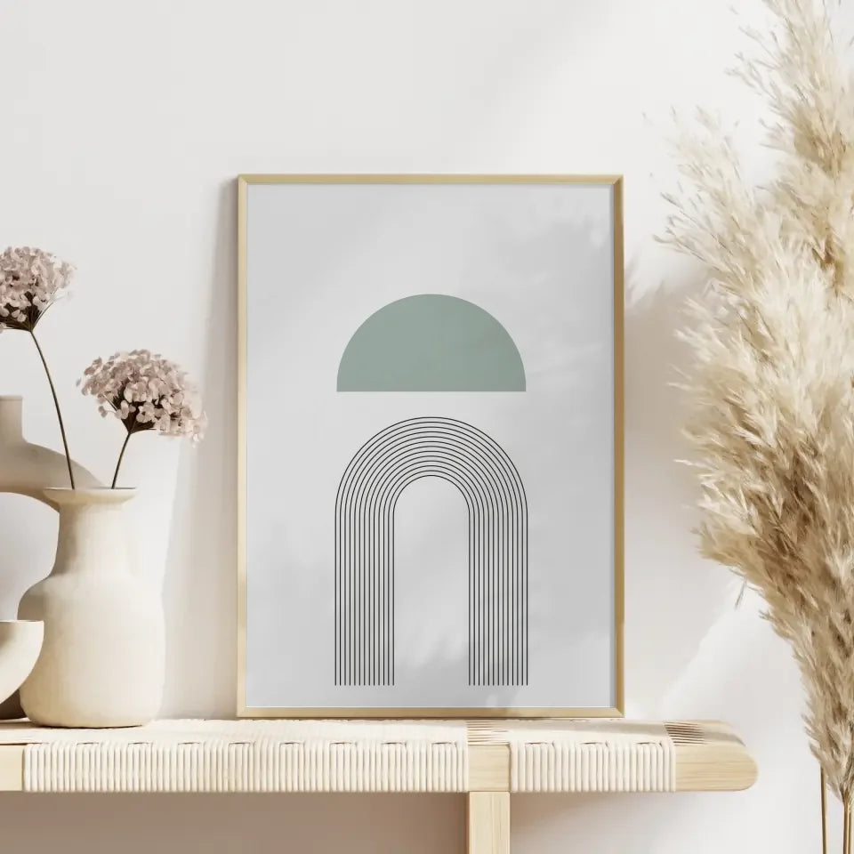 Minimalistischer Poster mit grüner Form und schwarzen Linien für dein Zuhause