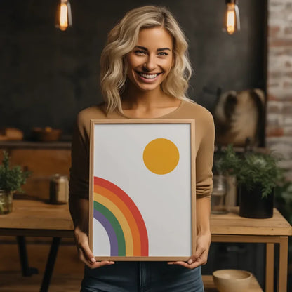 Minimalistischer Poster mit leuchtendem Regenbogen und gelbem Kreis