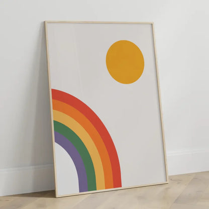 Minimalistischer Poster mit leuchtendem Regenbogen und gelbem Kreis