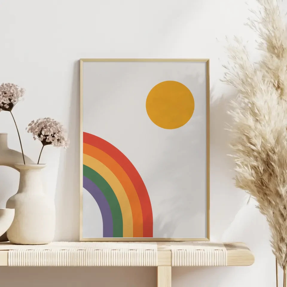 Minimalistischer Poster mit leuchtendem Regenbogen und gelbem Kreis
