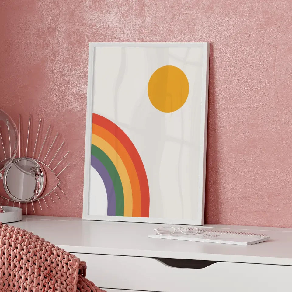 Minimalistischer Poster mit leuchtendem Regenbogen und gelbem Kreis