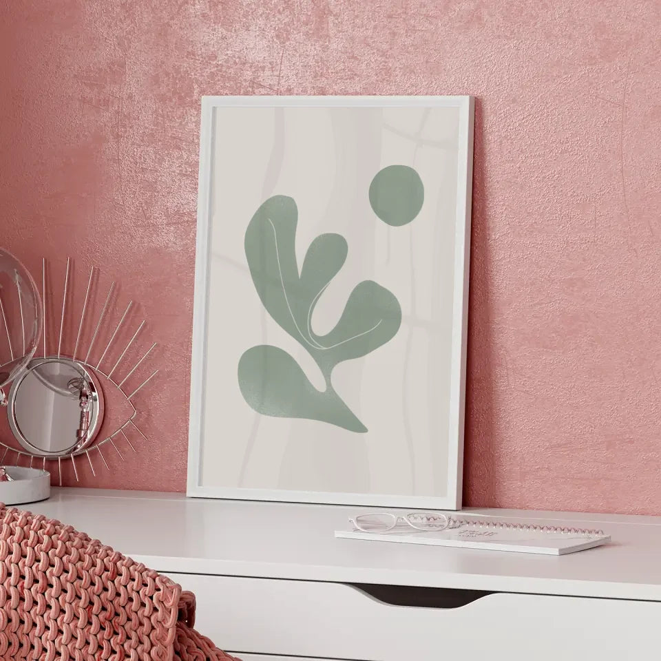 Minimalistische Poster mit abstrakter Blattillusion in hellgrün