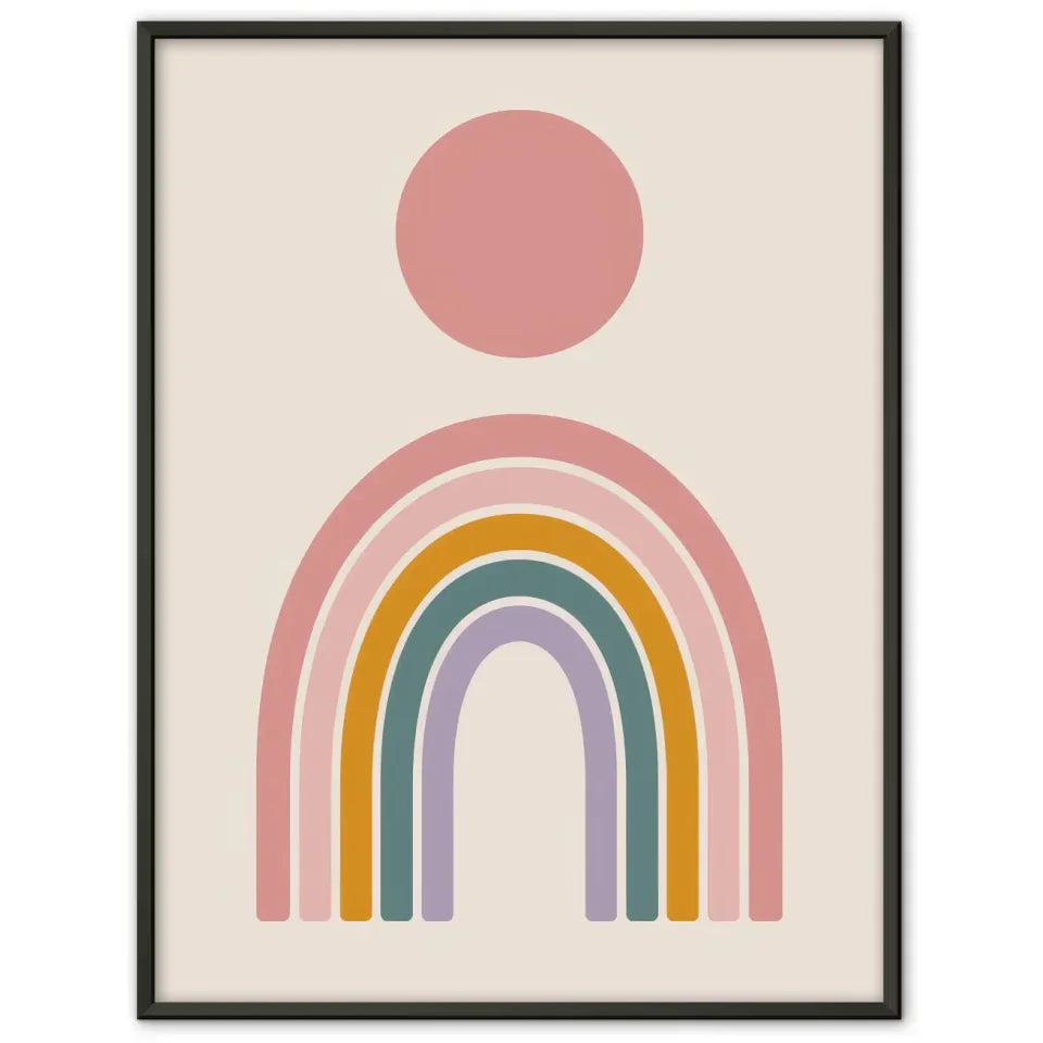 Minimalistischer Poster mit rosa Kreis und buntem Regenbogen Design