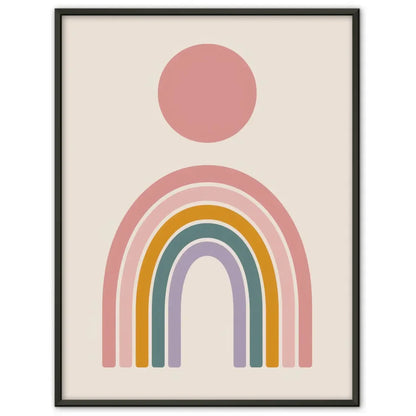 Minimalistischer Poster mit rosa Kreis und buntem Regenbogen Design