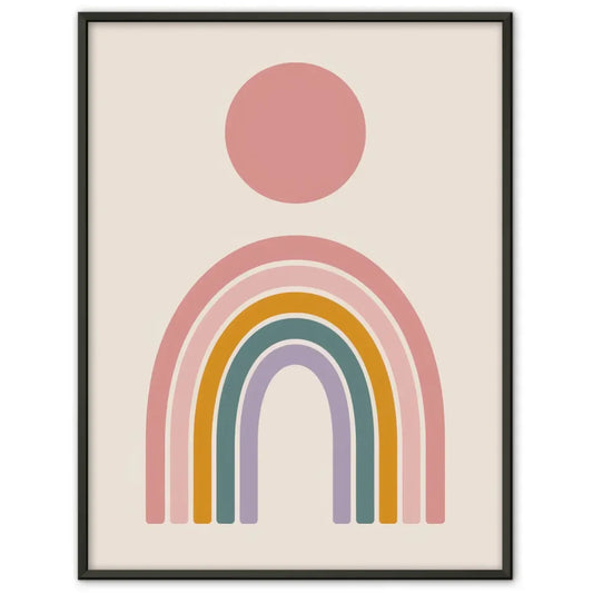 Minimalistischer Poster mit rosa Kreis und buntem Regenbogen Design