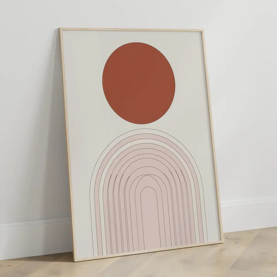 Minimalistisches Poster mit braun-rotem Element und beige Hintergrund