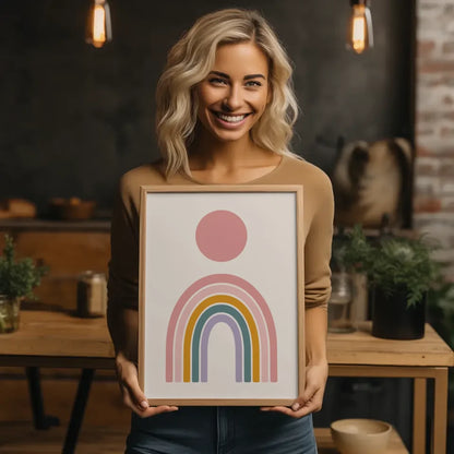 Minimalistischer Poster mit rosa Kreis und buntem Regenbogen Design