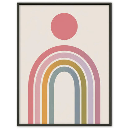 Minimalistischer Poster mit rosa Kreis und buntem Regenbogen Design