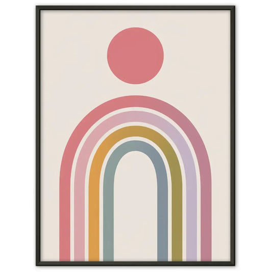 Minimalistischer Poster mit rosa Kreis und buntem Regenbogen Design