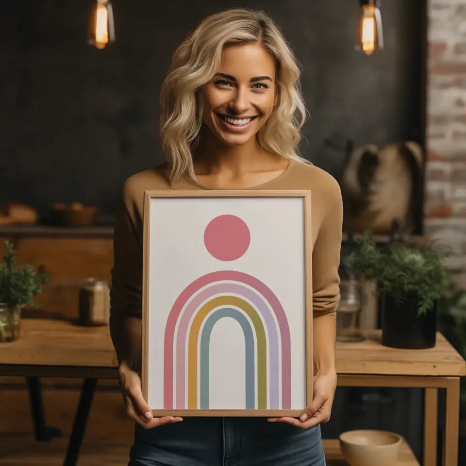 Minimalistischer Poster mit rosa Kreis und buntem Regenbogen Design