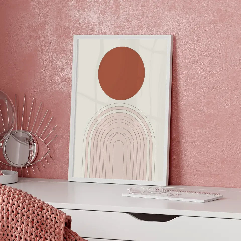 Minimalistisches Poster mit braun-rotem Element und beige Hintergrund