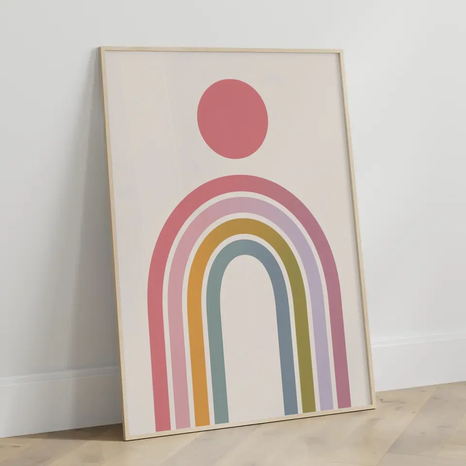 Minimalistischer Poster mit rosa Kreis und buntem Regenbogen Design