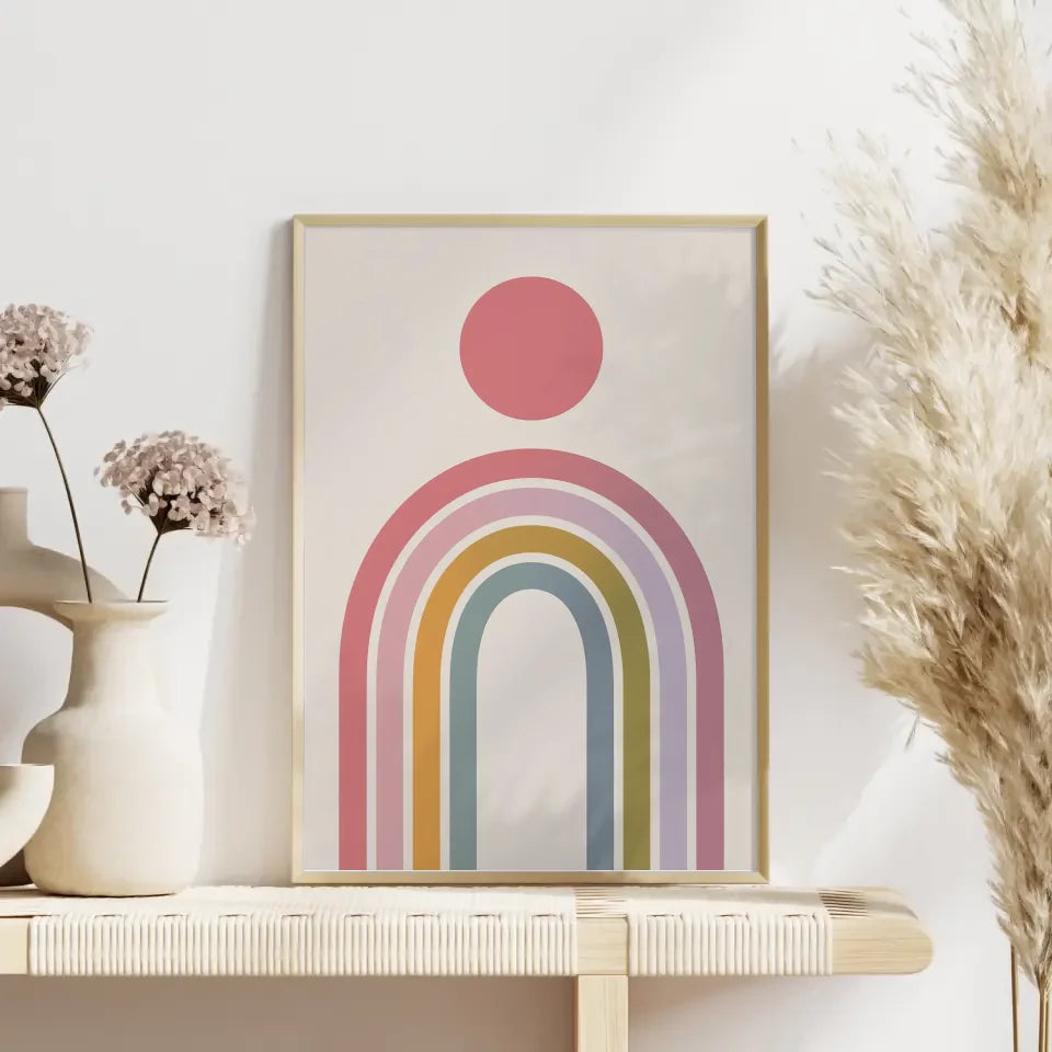 Minimalistischer Poster mit rosa Kreis und buntem Regenbogen Design