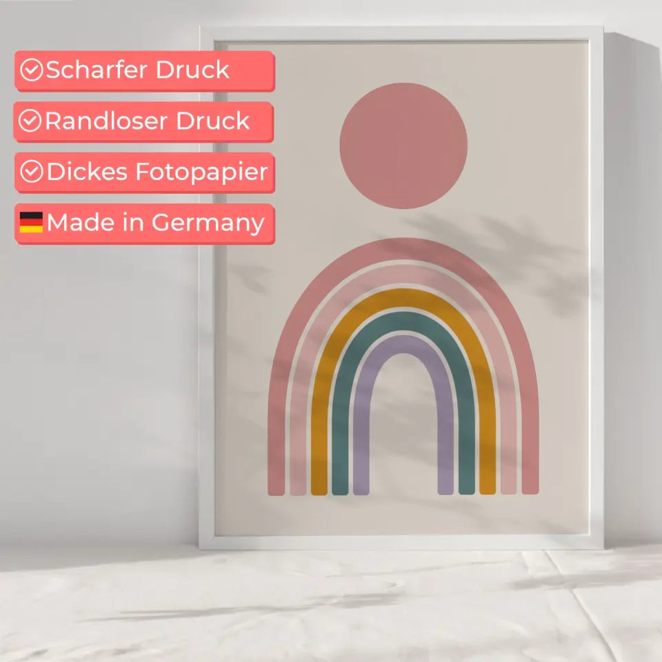 Minimalistischer Poster mit rosa Kreis und buntem Regenbogen Design