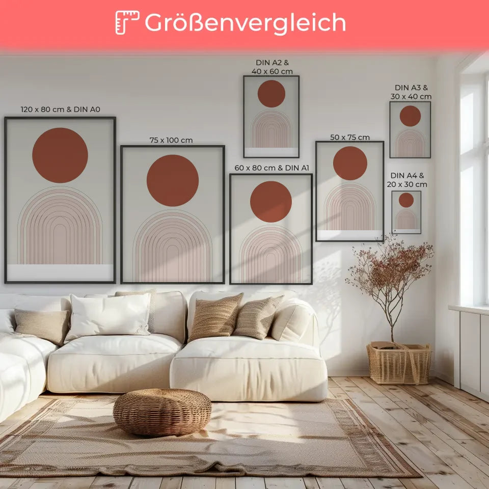 Minimalistisches Poster mit braun-rotem Element und beige Hintergrund