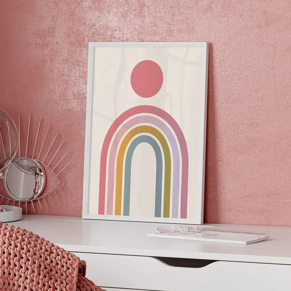 Minimalistischer Poster mit rosa Kreis und buntem Regenbogen Design