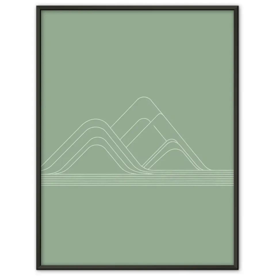 Minimalistische Poster mit sanftem grünem Hintergrund und Bergmotiv