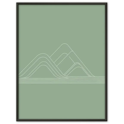 Minimalistische Poster mit sanftem grünem Hintergrund und Bergmotiv