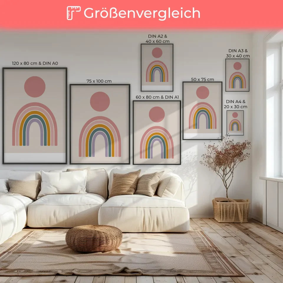 Minimalistischer Poster mit rosa Kreis und buntem Regenbogen Design