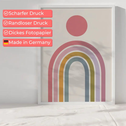 Minimalistischer Poster mit rosa Kreis und buntem Regenbogen Design