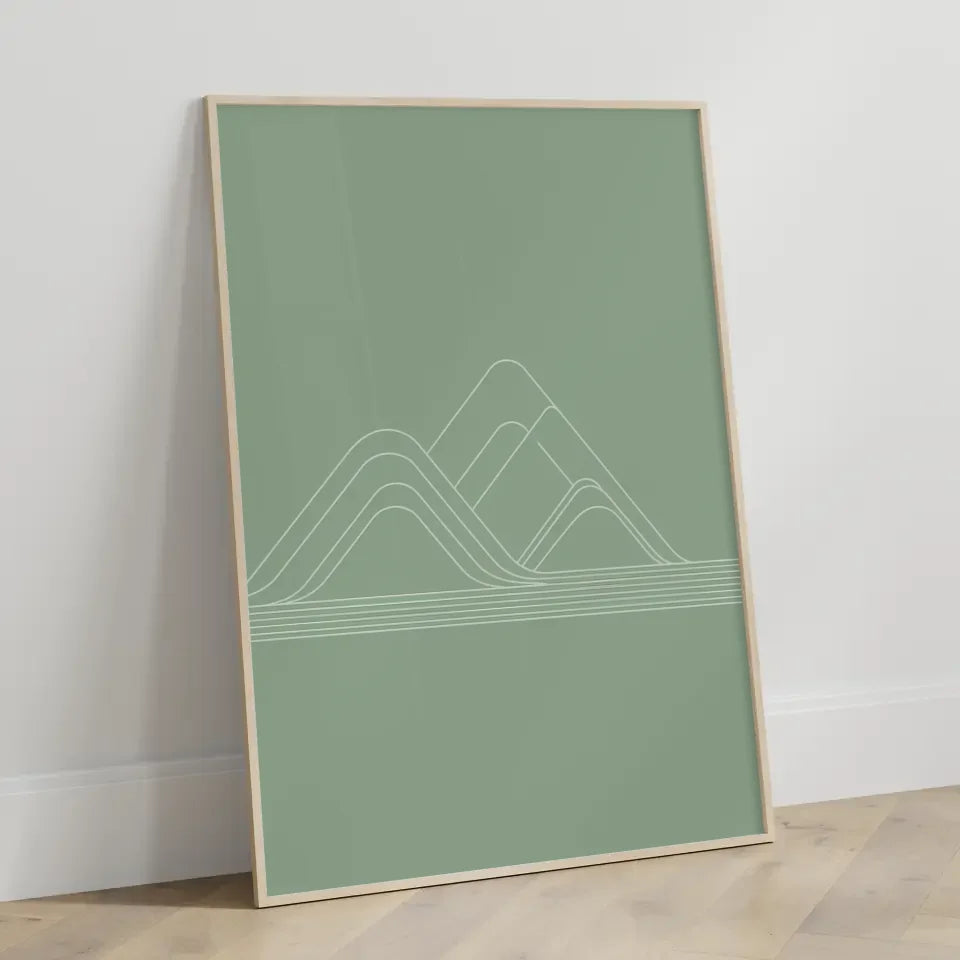 Minimalistische Poster mit sanftem grünem Hintergrund und Bergmotiv