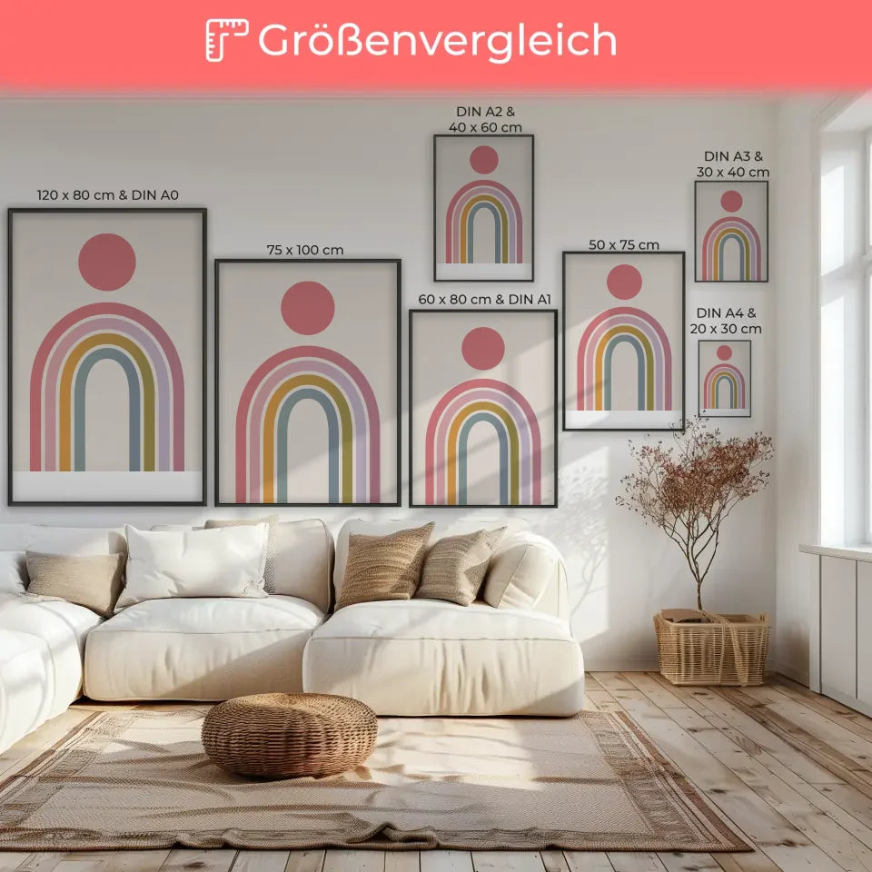 Minimalistischer Poster mit rosa Kreis und buntem Regenbogen Design