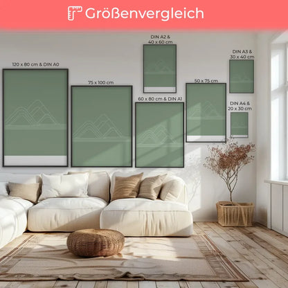 Minimalistische Poster mit sanftem grünem Hintergrund und Bergmotiv
