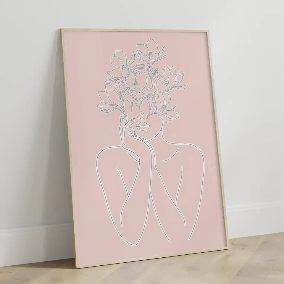 Minimalistisches Poster mit weiblicher Figur und Blumen Design