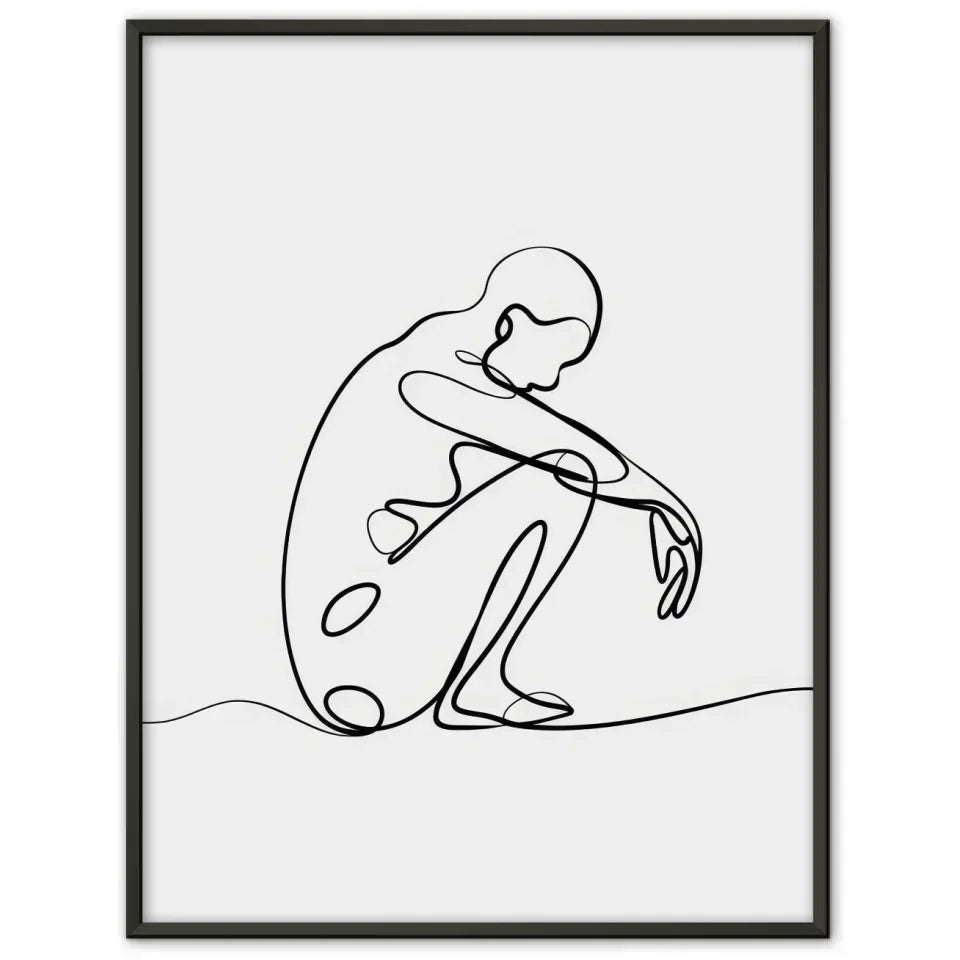 Minimalistischer Poster mit einzeiliger Zeichnung einer sitzenden Figur