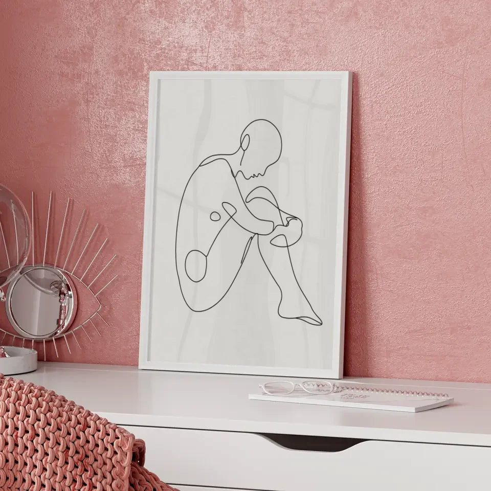 Minimalistischer Poster mit einzeiliger Zeichnung einer sitzenden Figur
