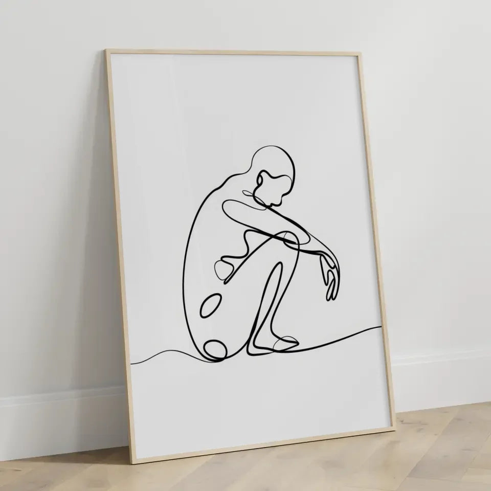 Minimalistischer Poster mit einzeiliger Zeichnung einer sitzenden Figur