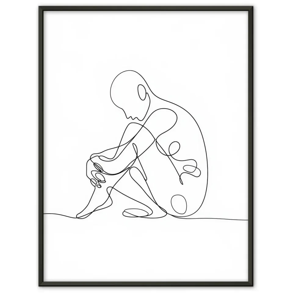 Minimalistisches Poster einer sitzenden Figur mit Konturen und Kurven