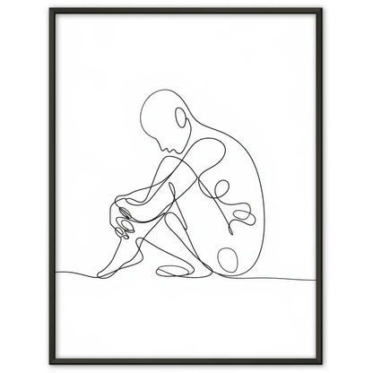 Minimalistisches Poster einer sitzenden Figur mit Konturen und Kurven