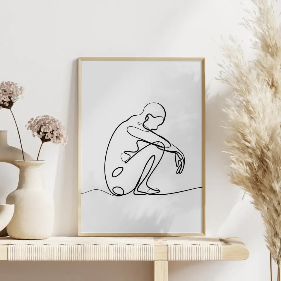 Minimalistischer Poster mit einzeiliger Zeichnung einer sitzenden Figur