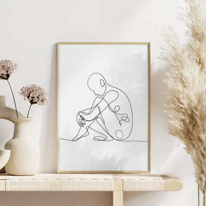 Minimalistisches Poster einer sitzenden Figur mit Konturen und Kurven