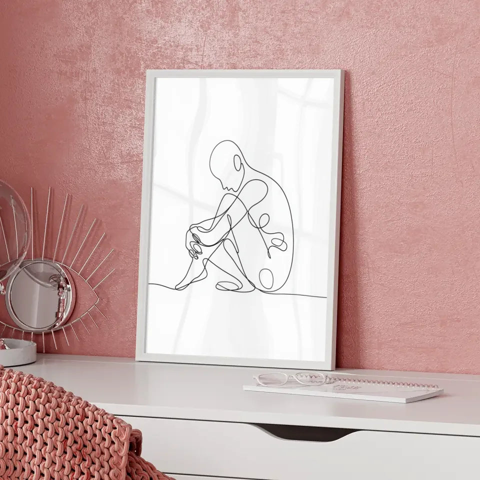 Minimalistisches Poster einer sitzenden Figur mit Konturen und Kurven
