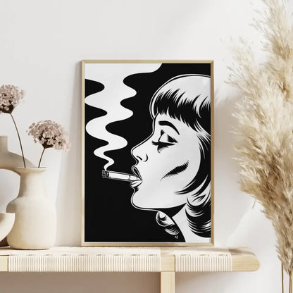 Poster monochrome Frauenillustration Rauch Comic Stil schwarz weiß